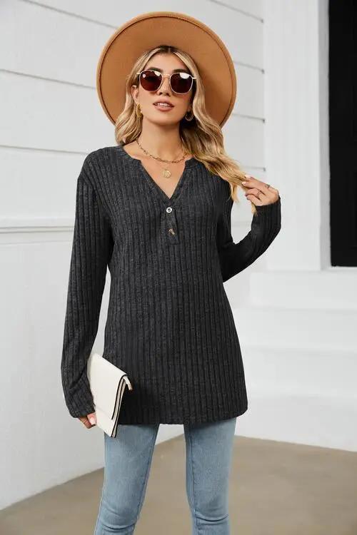 Double Take Notched Neck Ribbed Long Sleeve T-Shirt - Love Salve