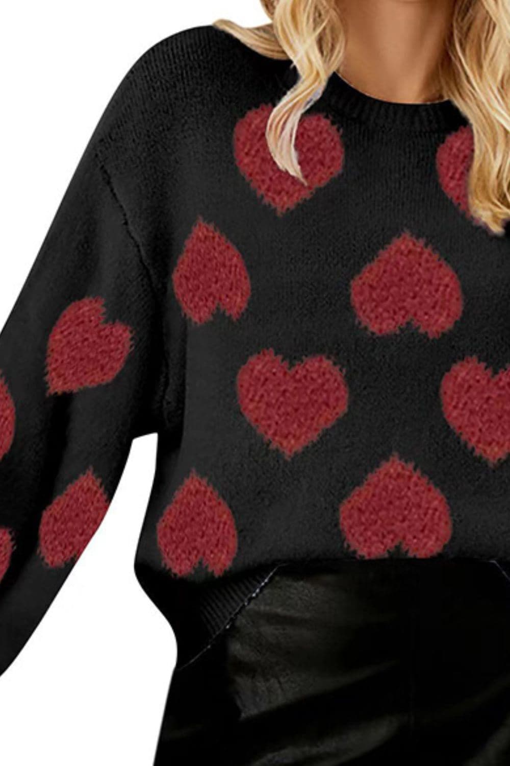 Heart Round Neck Dropped Shoulder Sweater.