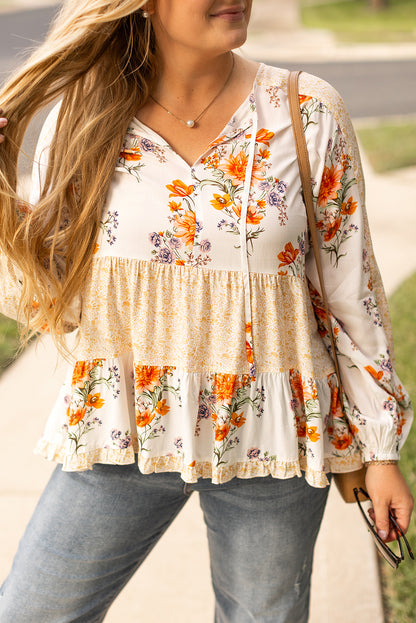 Chic white floral print blouse with puff sleeves for plus sizes