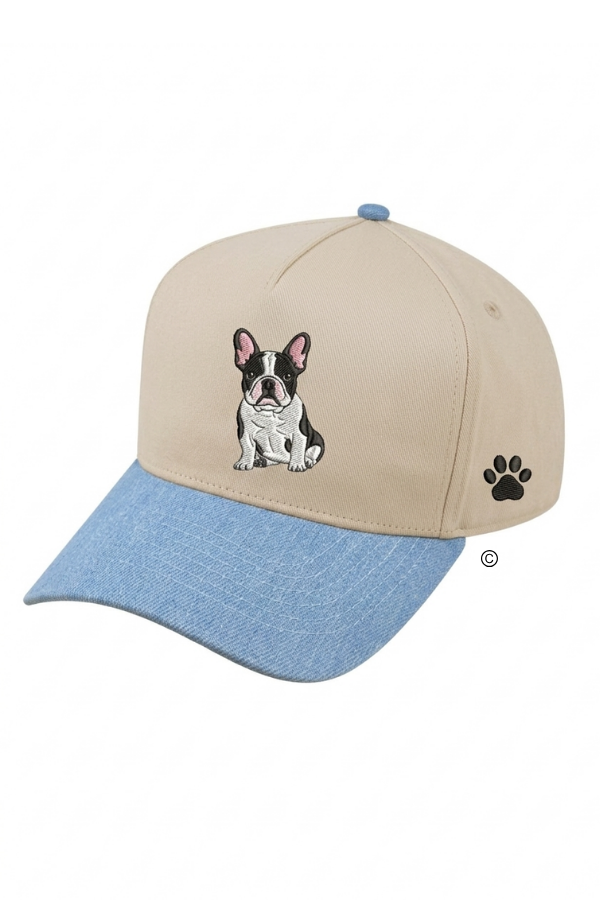 Beige Two Tone Hat With Denim Brim And Seated French Bulldog