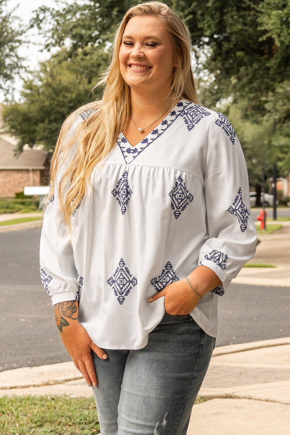 Chic white boho geometric print plus size blouse with bracelet sleeves