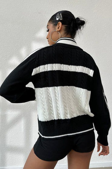 Cable-Knit Color Block Raglan Sleeve Cardigan.