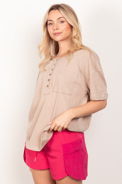 VERY J Twisted Sleeve Band Half Button Top.