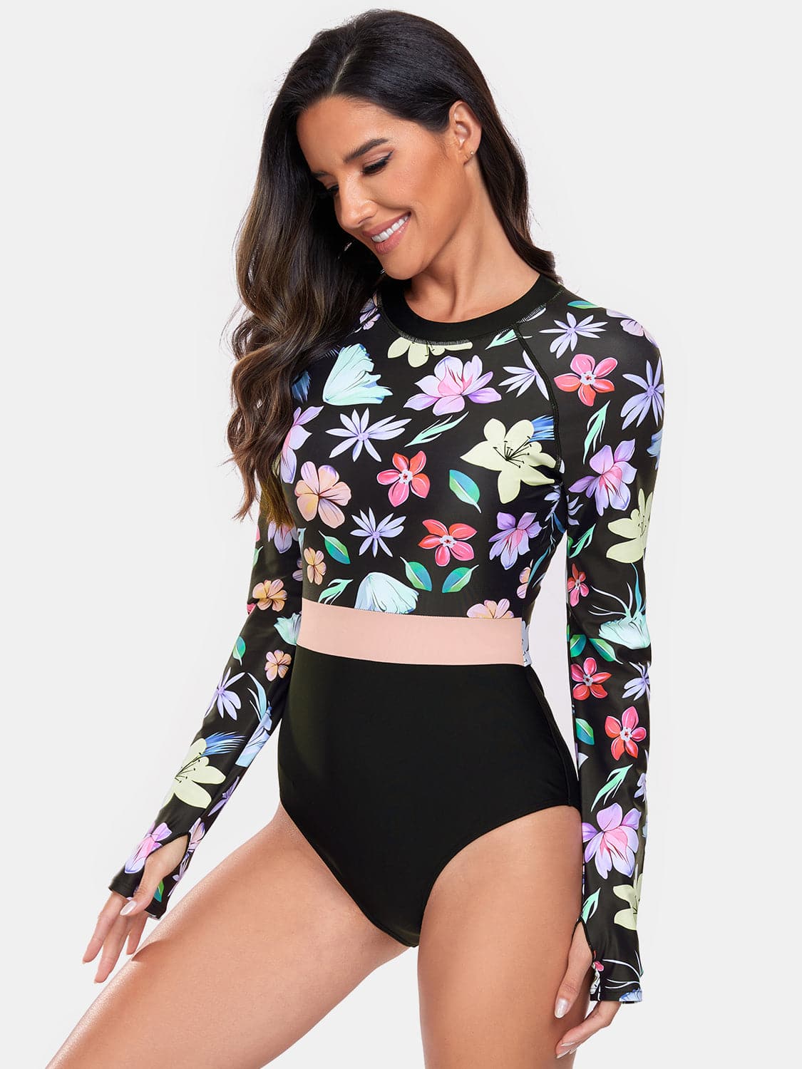 Flower Round Neck Long Sleeve One-Piece Swimwear.