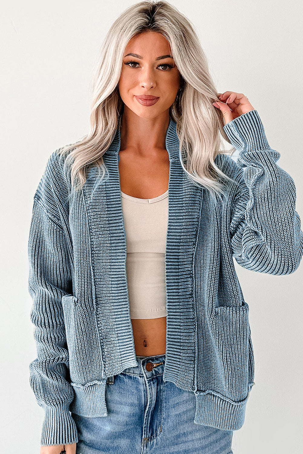 Evergreen Mineral Wash Exposed Seam Patchwork Knit Open Sweater Cardigan Dear-Lover Dropshipping