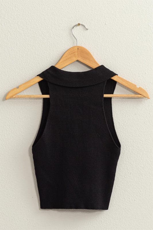 Sleeveless Collared Crop Knit Top.