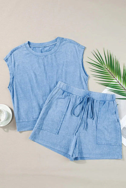 Round Neck Short Sleeve Top and Shorts Set.