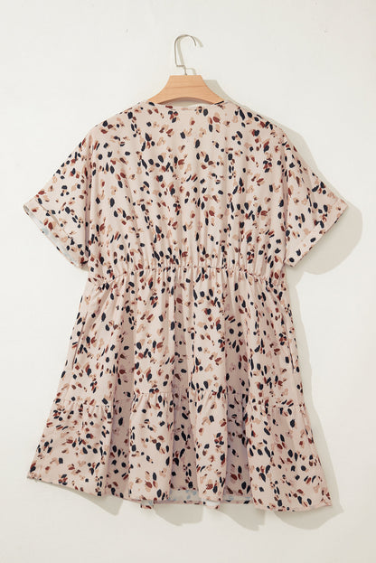 Beige Abstract Print Surplice V Neck Cuffed Sleeve Empire Waist Plus Size Dress