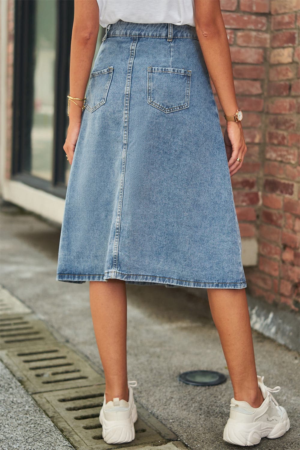 Button Front A-Line Denim Skirt.