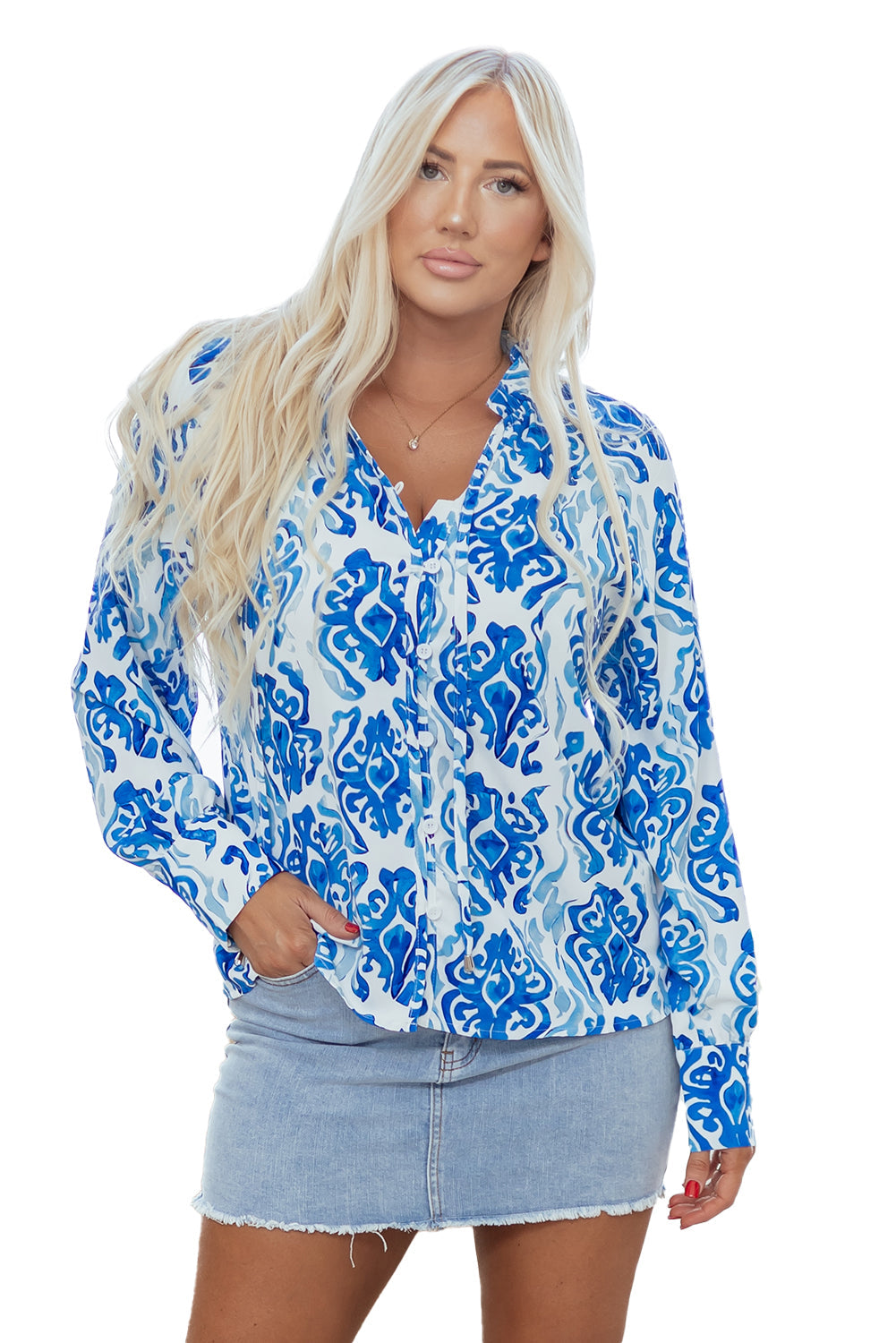 Premium Sky Blue Ethnic Printed Tie Neck Button Puff Sleeve Shirt Dear-Lover Dropshipping