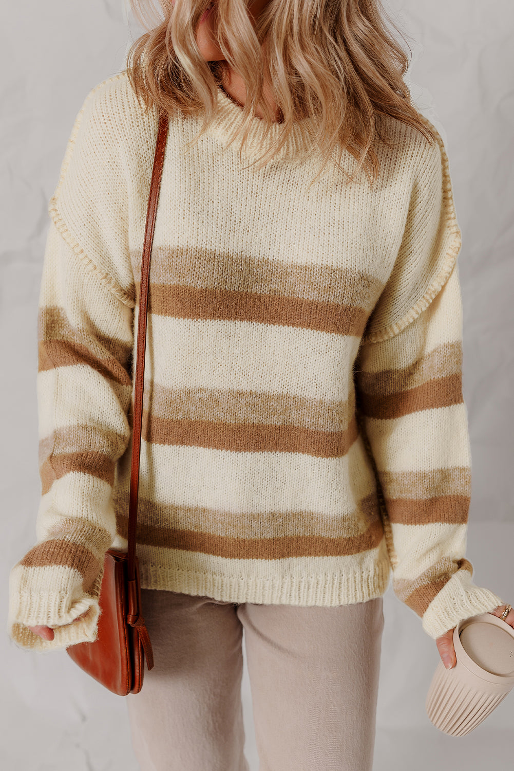 Khaki Stripe Exposed Seam Drop Shoulder Knit Baggy Oversized Sweater Cozy Casual Knitwear Dear-Lover Dropshipping