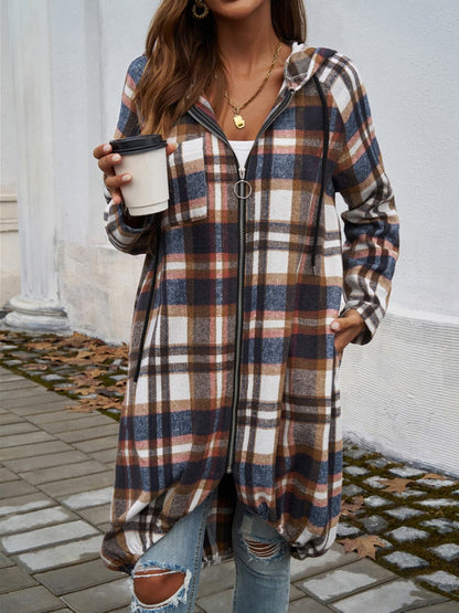 Plaid Zip Up Hooded Coat.