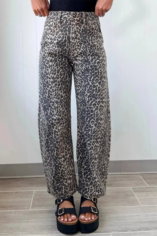 Leopard Print High Waist Barrel Jeans Simply Love