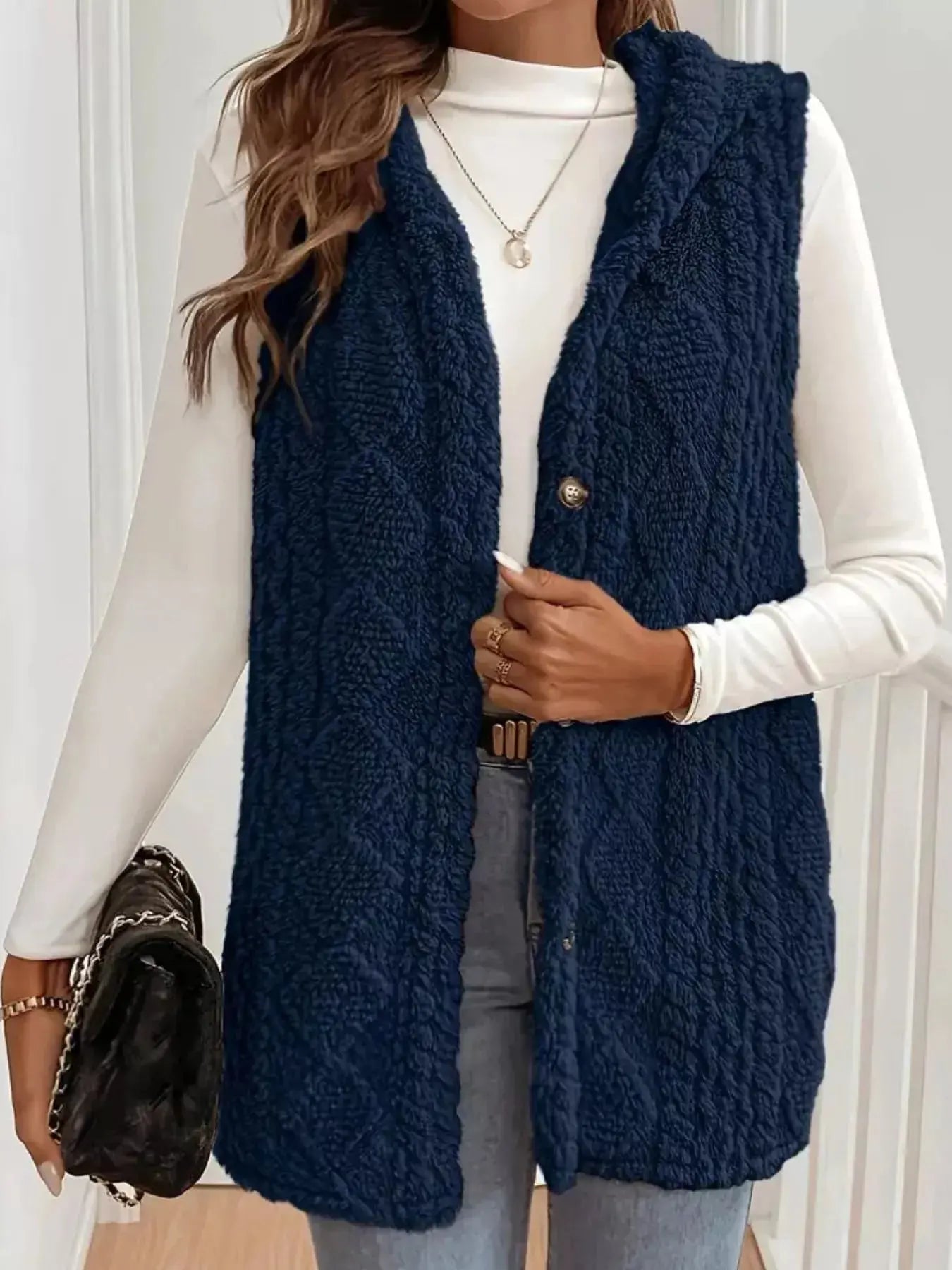 Hooded Button-Up Sherpa Vest Coat Simply Love
