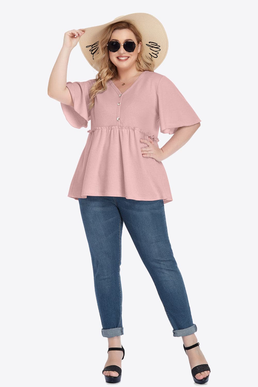 Plus Size Buttoned V-Neck Frill Trim Babydoll Blouse.