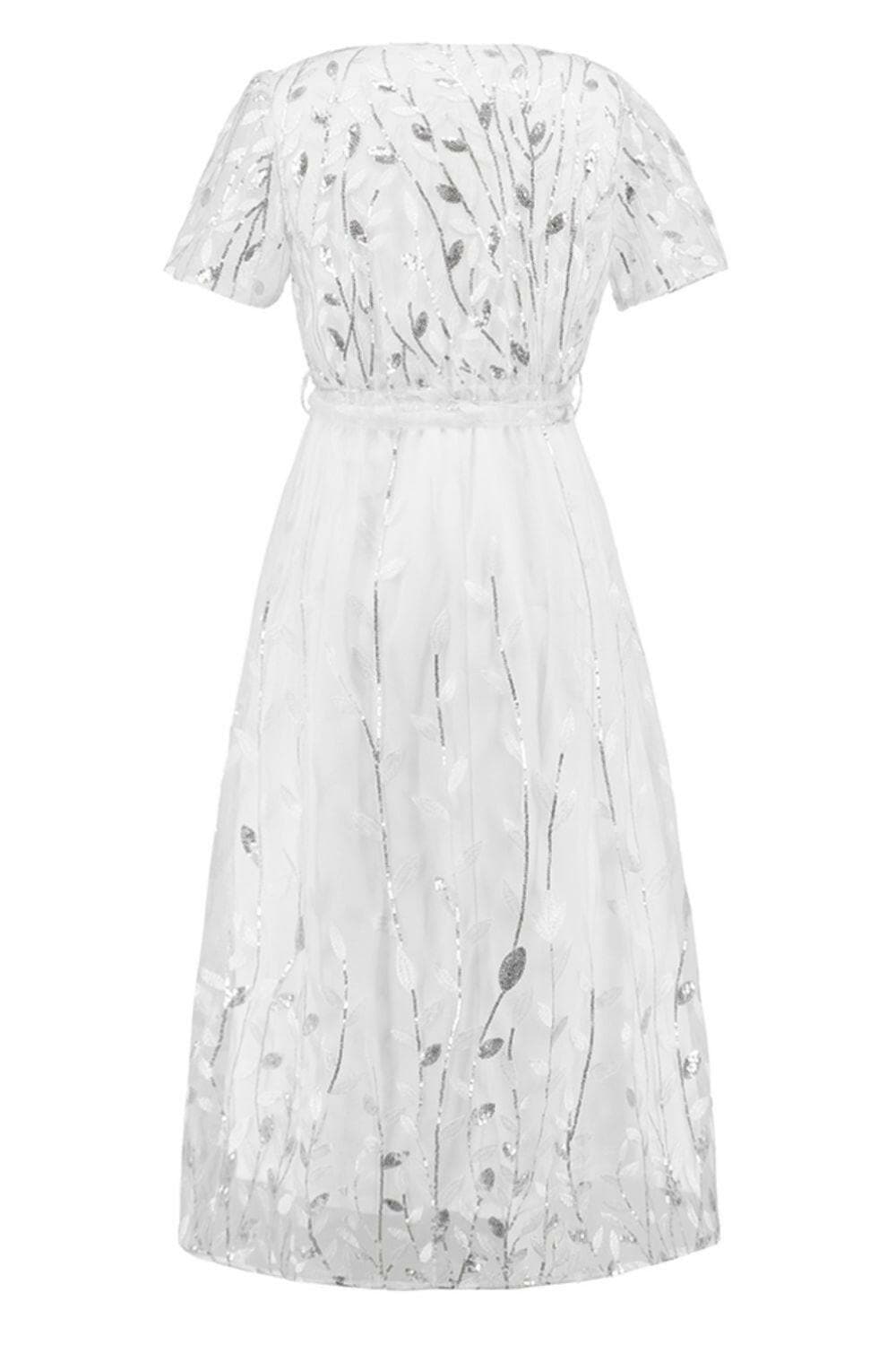 Sequin Leaf Embroidery Tie Front Short Sleeve Dress.