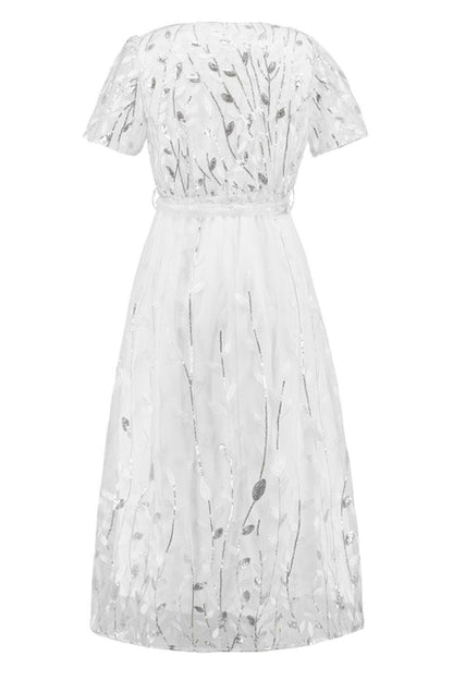 Sequin Leaf Embroidery Tie Front Short Sleeve Dress.