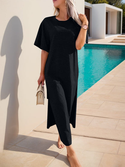 Slit Round Neck Half Sleeve Tee Dress.