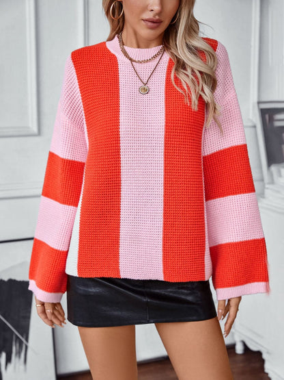 Color block knit sweater - round neck