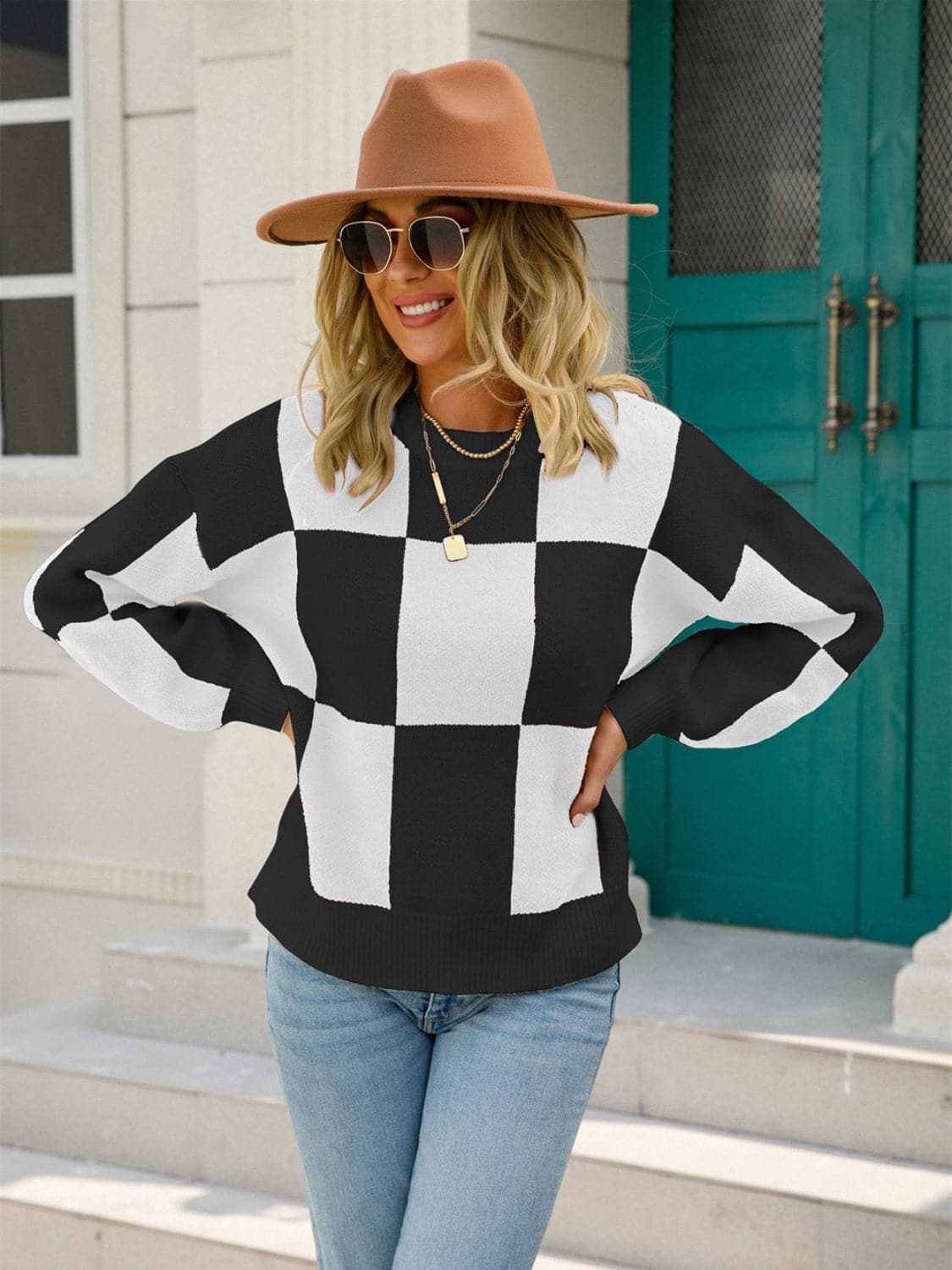 Checkered Round Neck Dropped Shoulder Sweater.