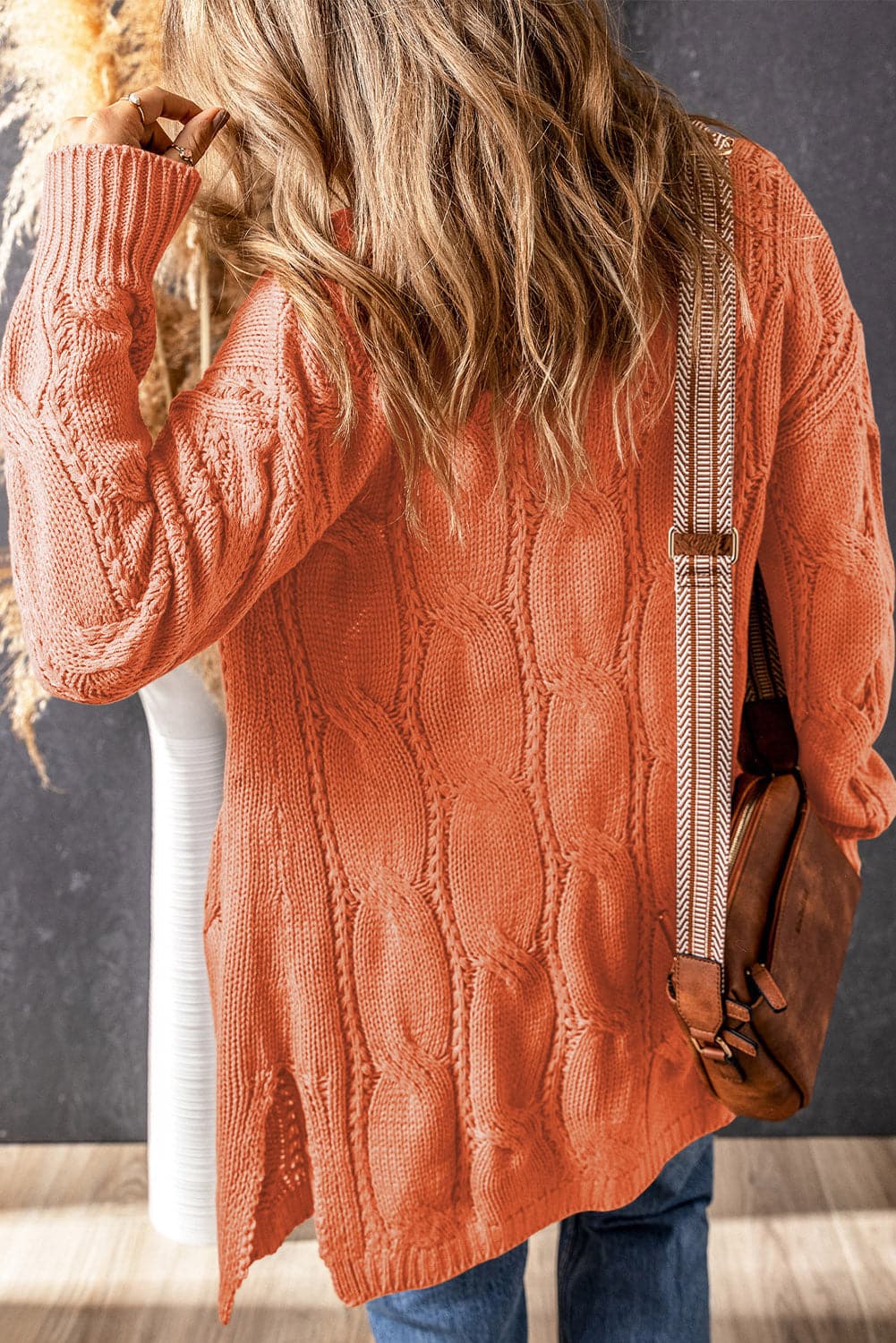 Cable-Knit Dropped Shoulder Slit Cardigan.