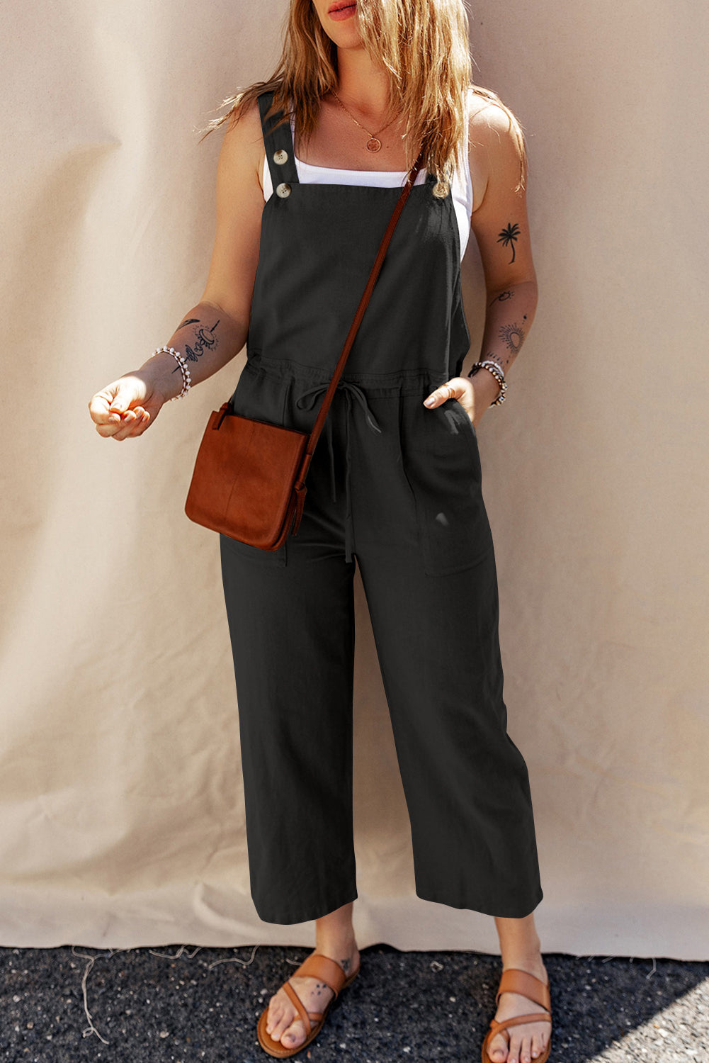 Black Drawstring Buttoned Straps Cropped Overall