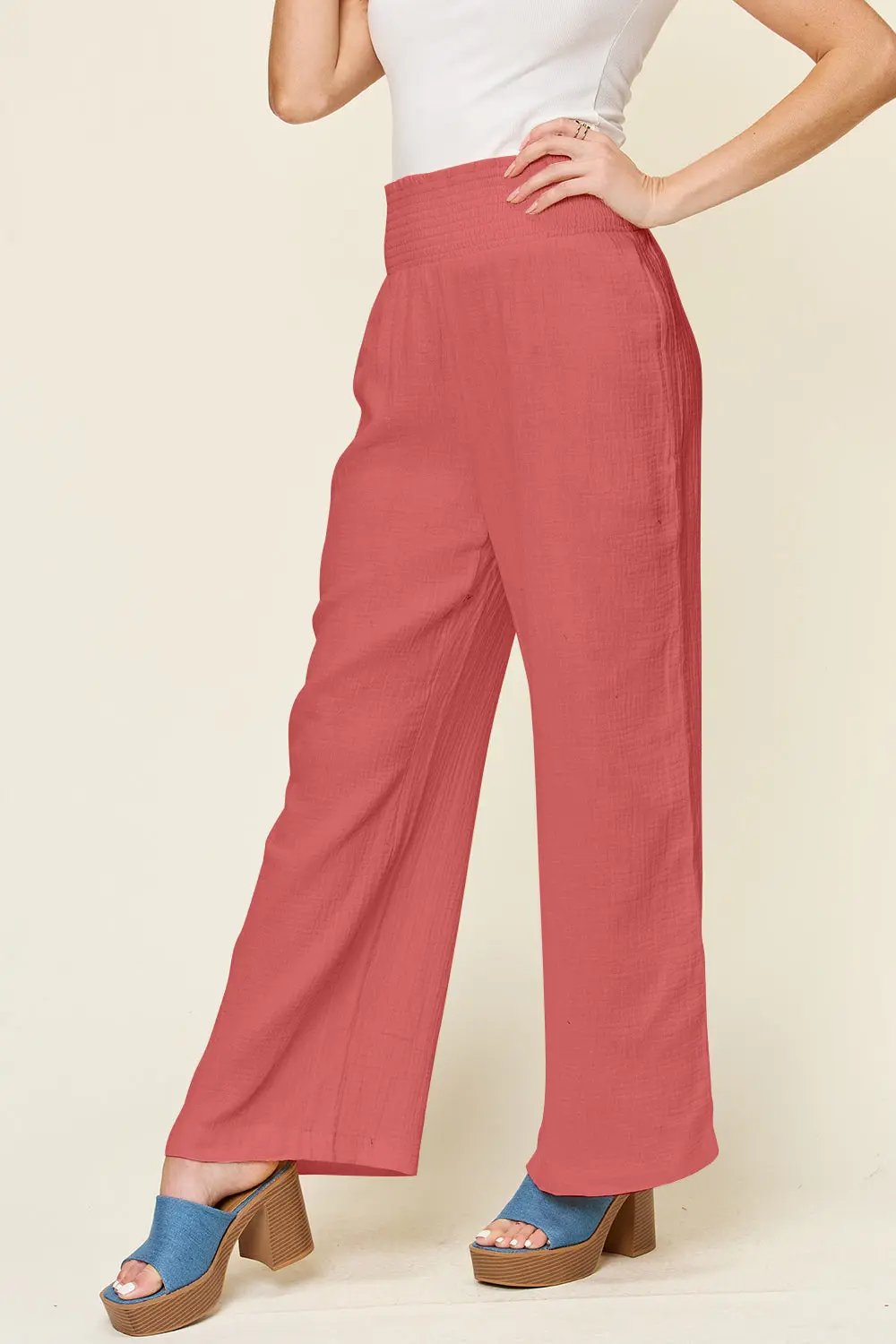 Double Take Full Size Texture Smocked Waist Wide Leg Pants - Love Salve