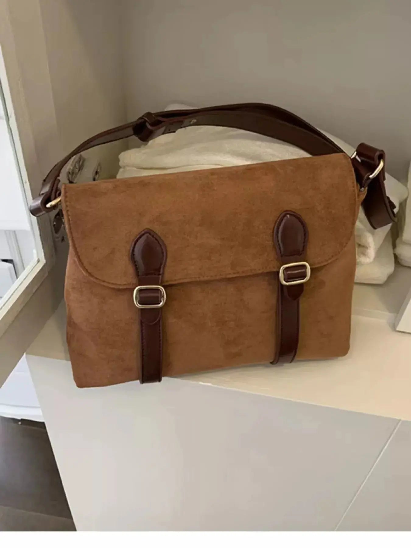 Tan Suede Double Buckle Crossbody Bag With Adjustable Straps Simply Love