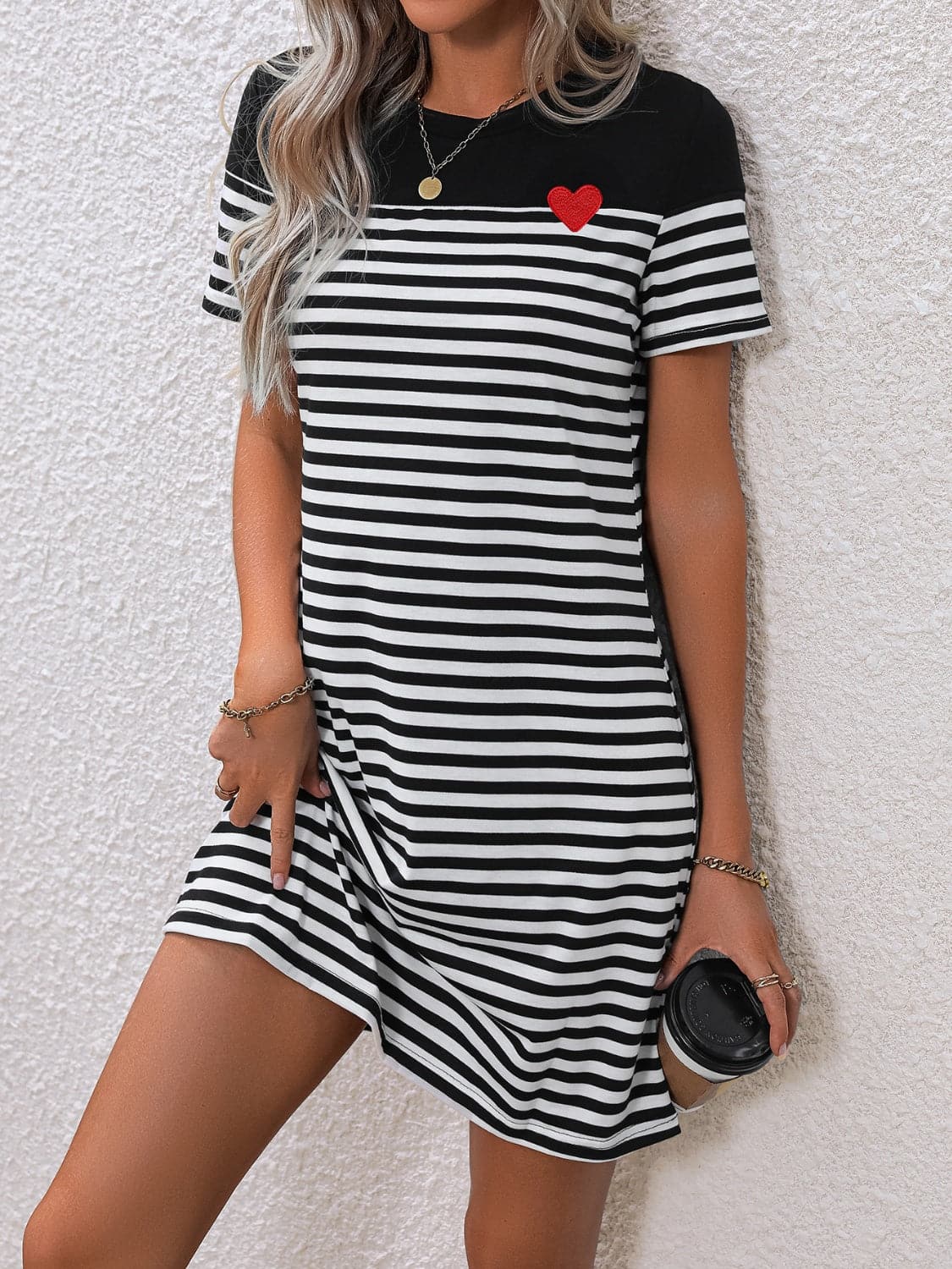 Striped Round Neck Short Sleeve Mini Tee Dress.