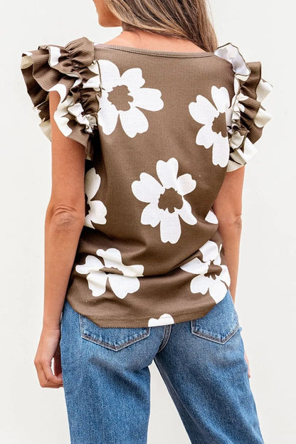 Floral Textured Ruffled Cap Sleeve Blouse