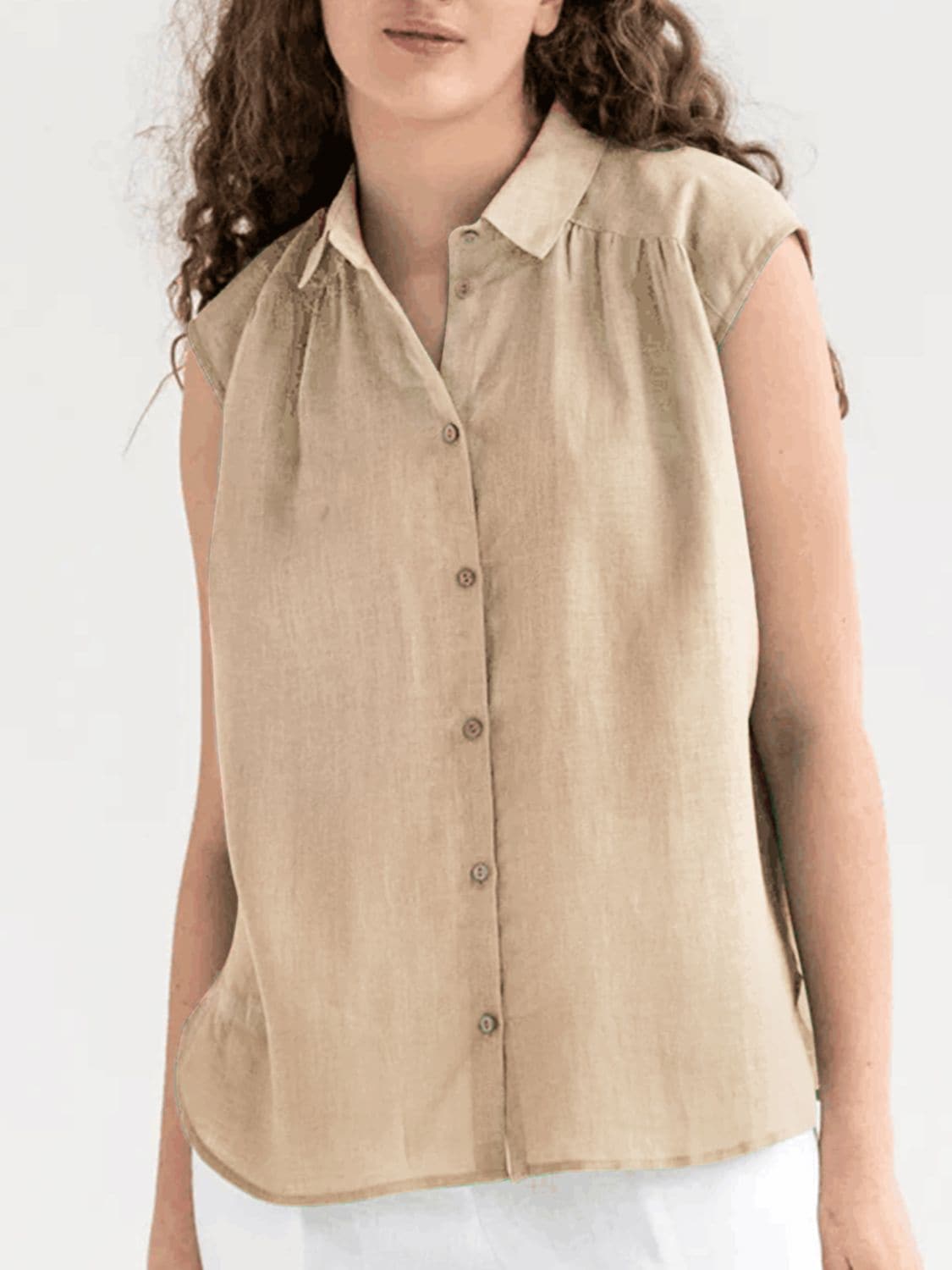 Button Up Collared Neck Cap Sleeve Shirt.