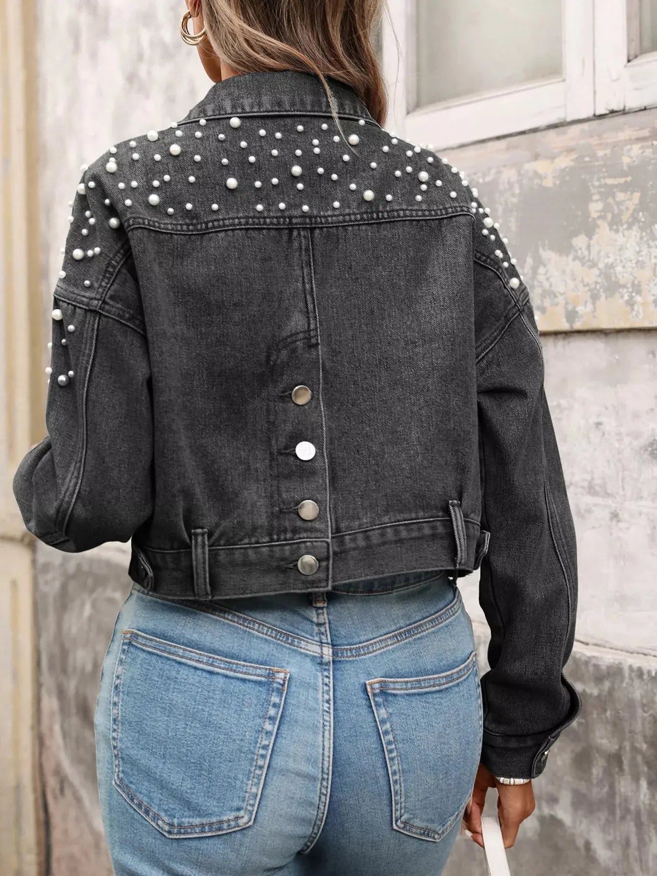 Pearl Embellished Cropped Denim Jacket Simply Love