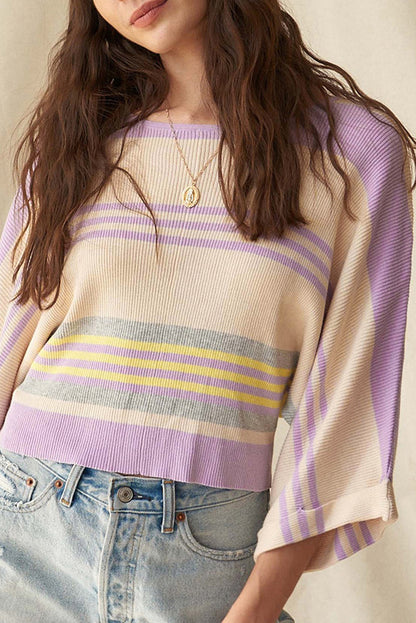 Trendy Purple Striped Dolman Sleeve Rib Knit Sweater with Cuffed Detail