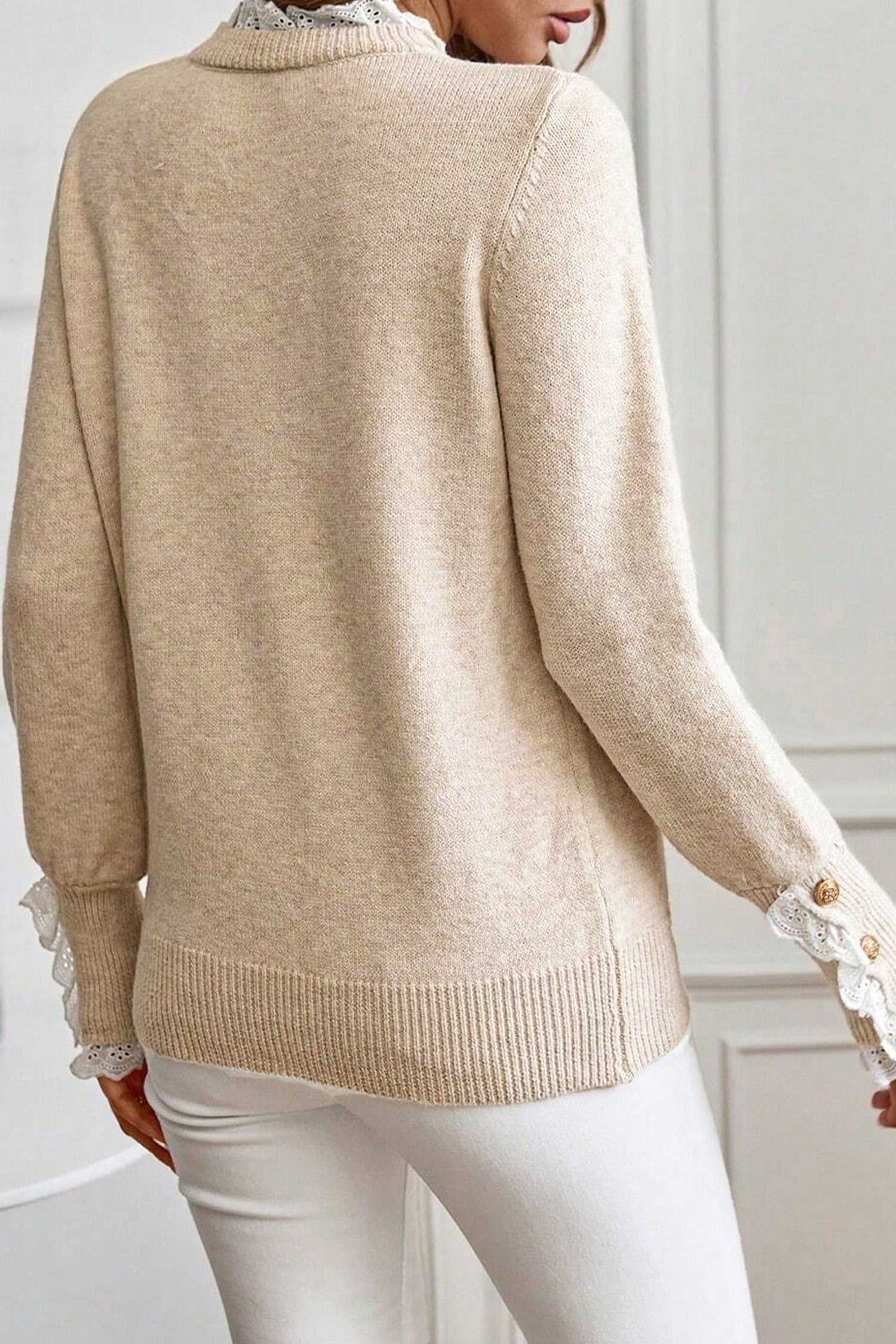 Jet Stream Lace Trim Patchwork Buttoned Cuffs Loose Sweater Dear-Lover Dropshipping