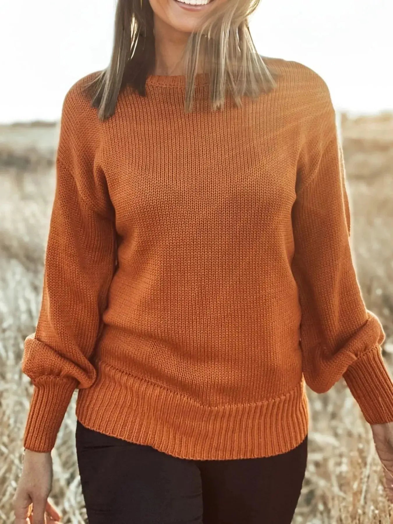 Burnt Orange Solid Color Drop Shoulder Ribbed Trim Sweater Simply Love