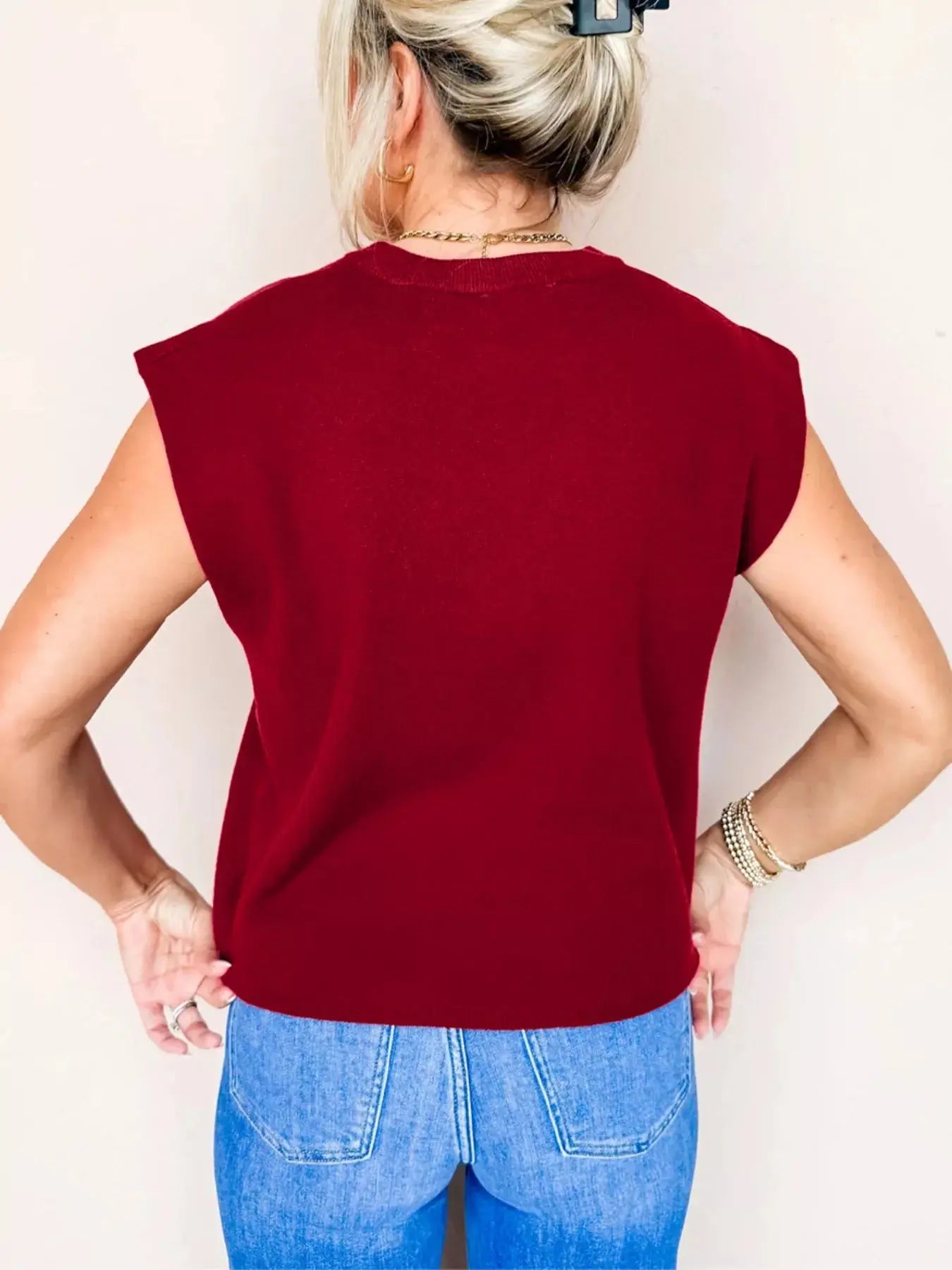 Solid Color Crew Neck Knit Cap Sleeve Sweater Simply Love