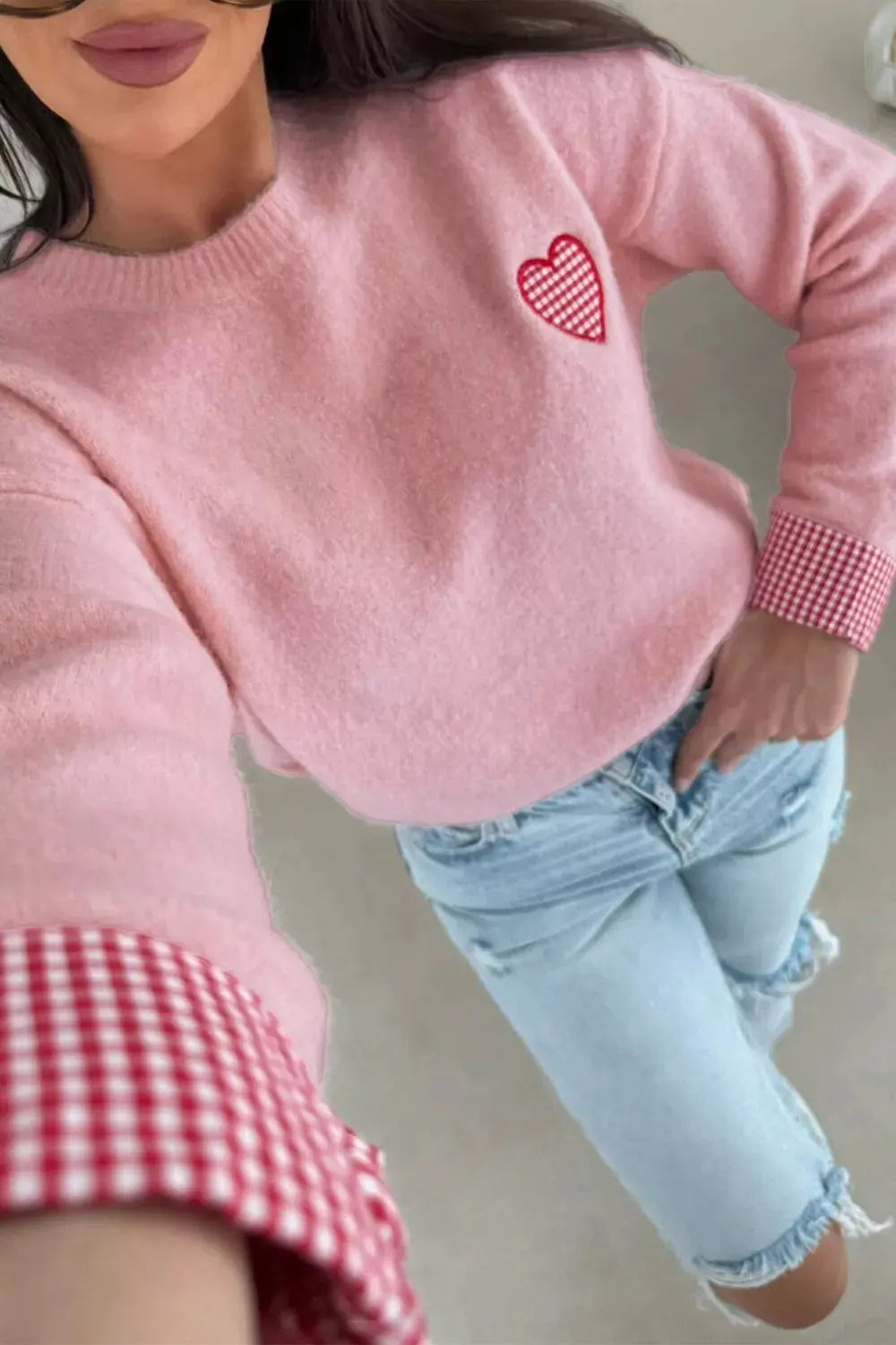 Plaid Heart Embroidered Cuffed Drop Shoulder Crew Neck Sweater Simply Love