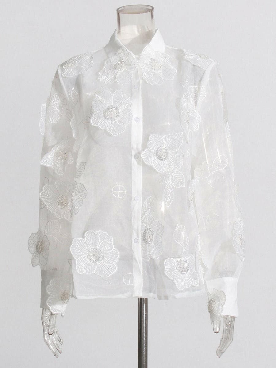 French elegant style organza lapel shirt three-dimensional flower sequined shirt top for women.