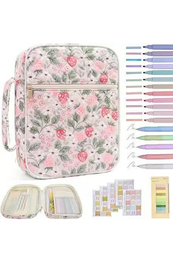 Eden Strawberry Print Quilted Zipper Bible Cover With Handle