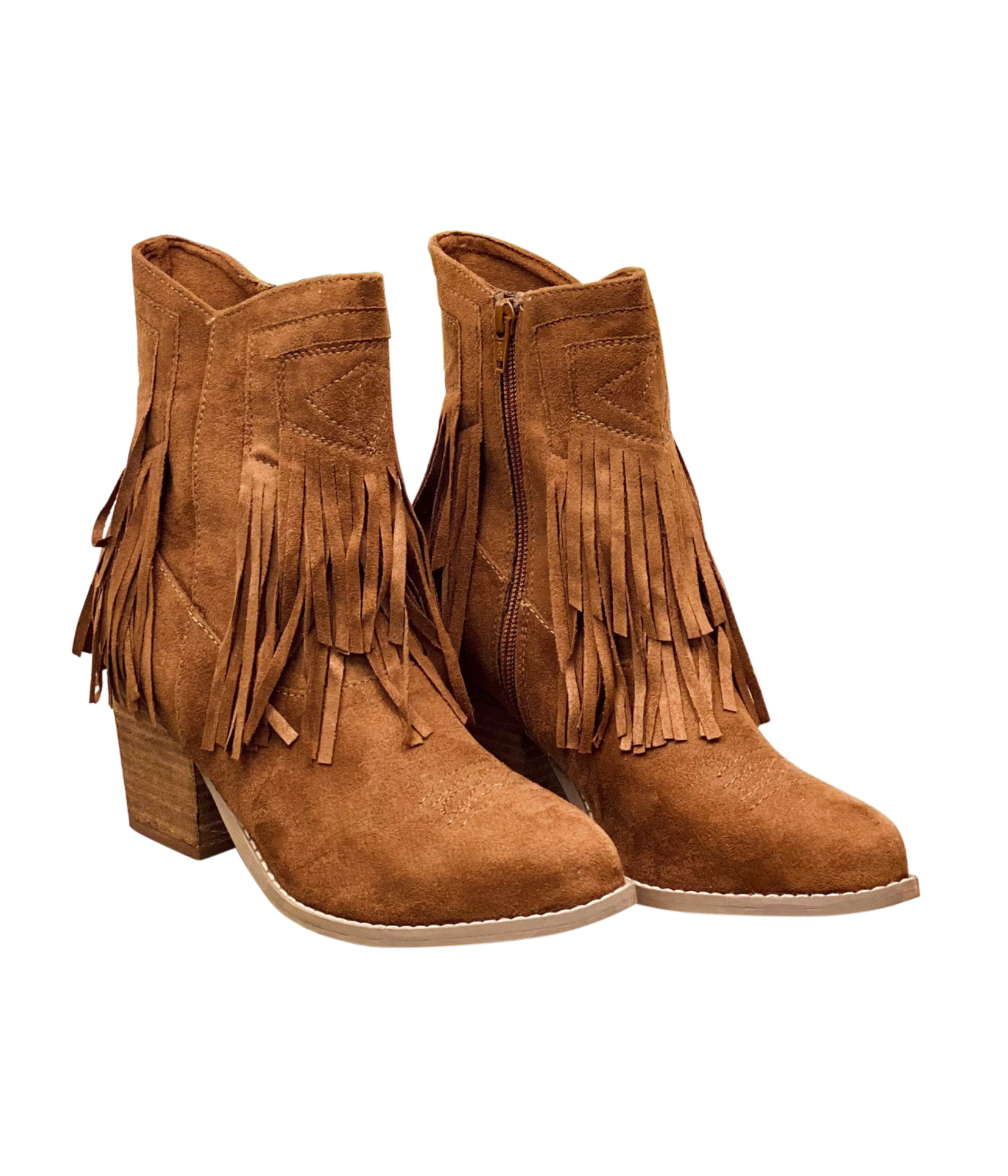 Sandra Fringe Tan Ankle Booties Cushioned Two Inch Heel Naughty Monkey