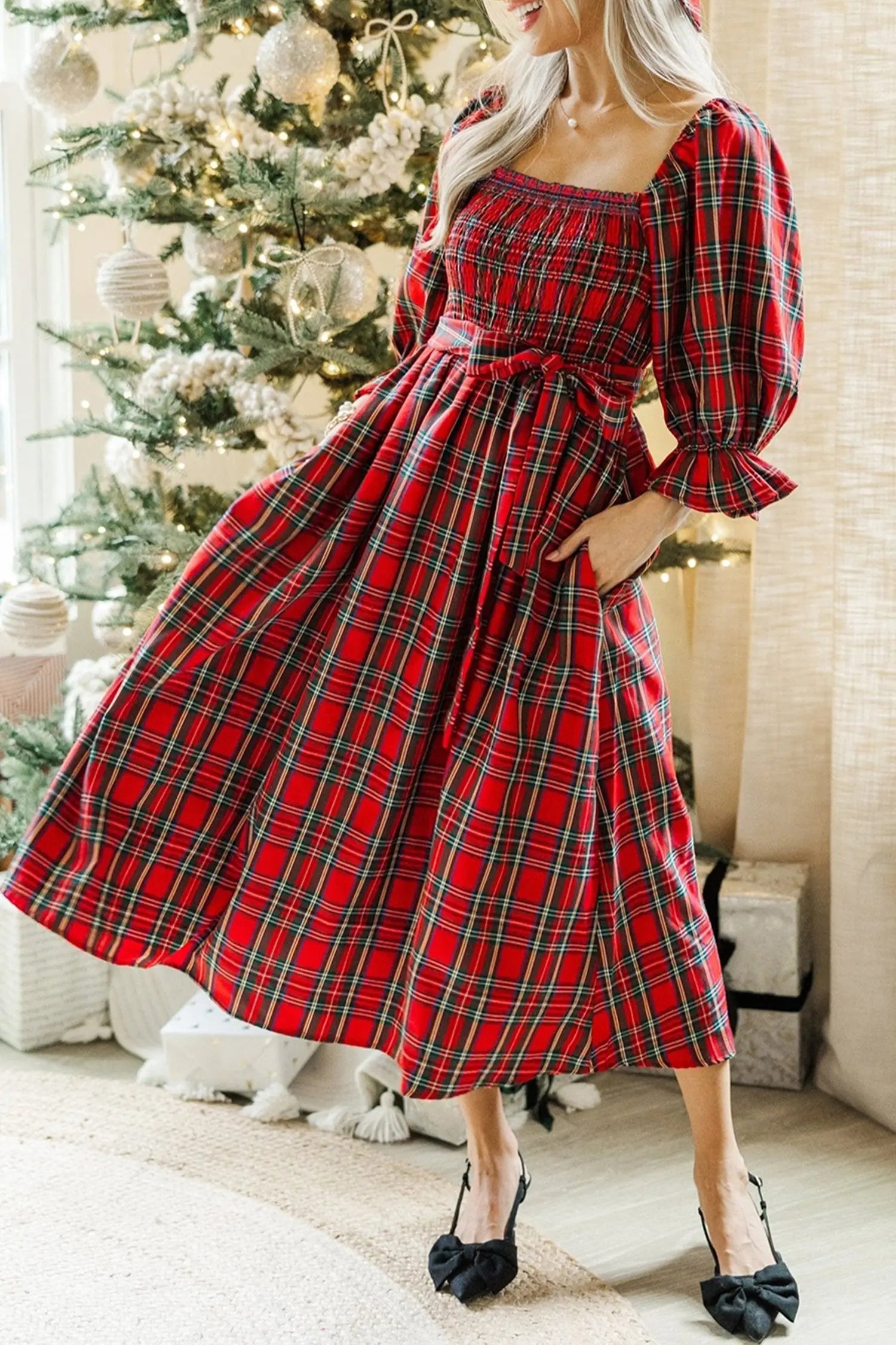 Red Tartan Plaid Square Neck Puff Sleeve Knot Waist Flared Midi Dress Dear-Lover Dropshipping