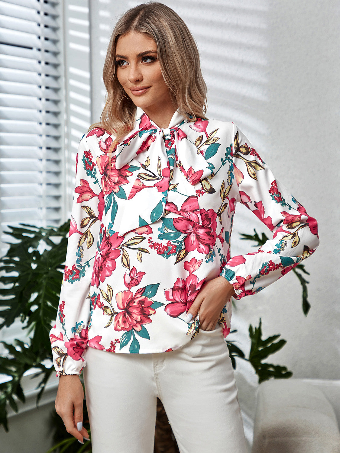 Bold Blooms Tie Neck Blouse
