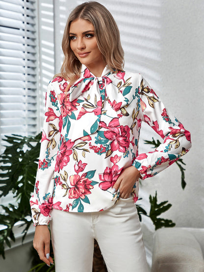 Bold Blooms Tie Neck Blouse