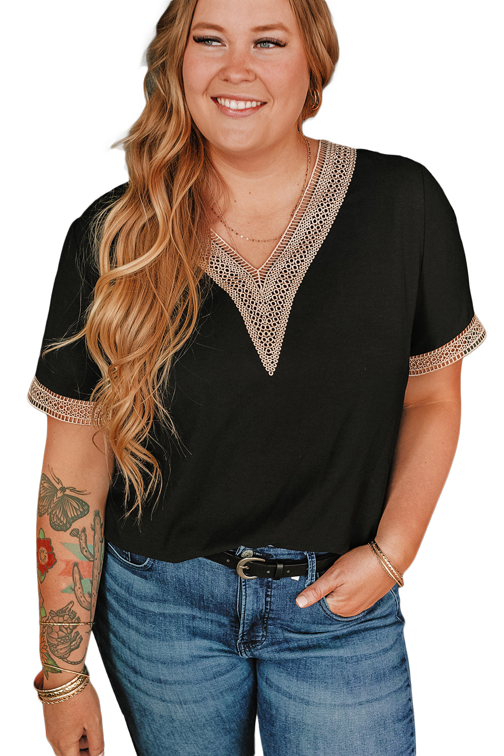 Elegant black lace v-neck top for plus sizes