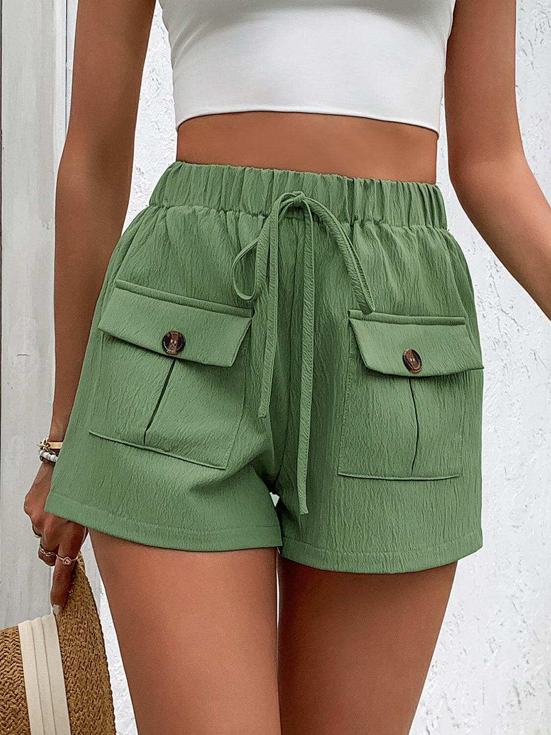 Tied Elastic Waist Shorts with Pockets.