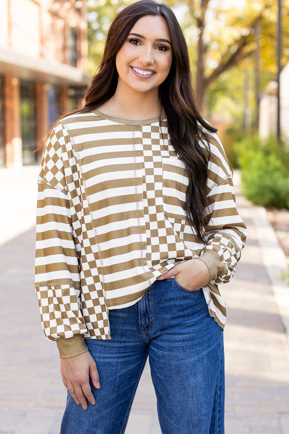 Khaki patchwork blouse with plaid design