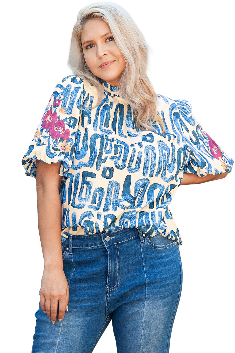 Sky Blue Striped Plus Size Floral Embroidered Puff Sleeve Blouse