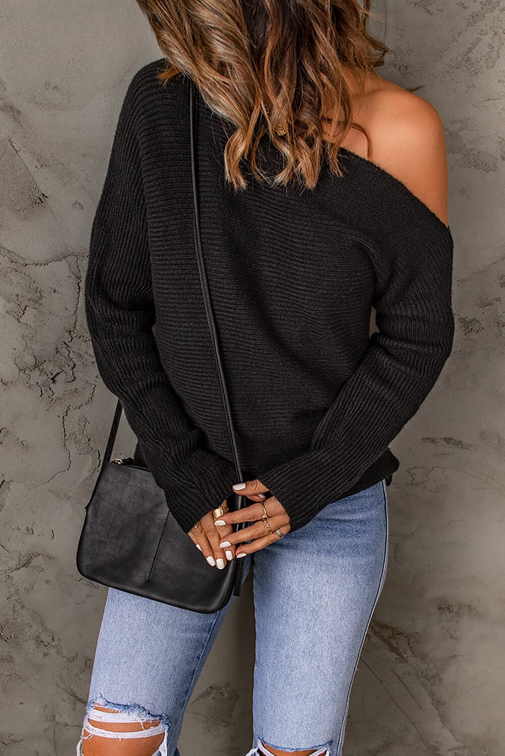 Double Take Horizontal Ribbing One-Shoulder Sweater.