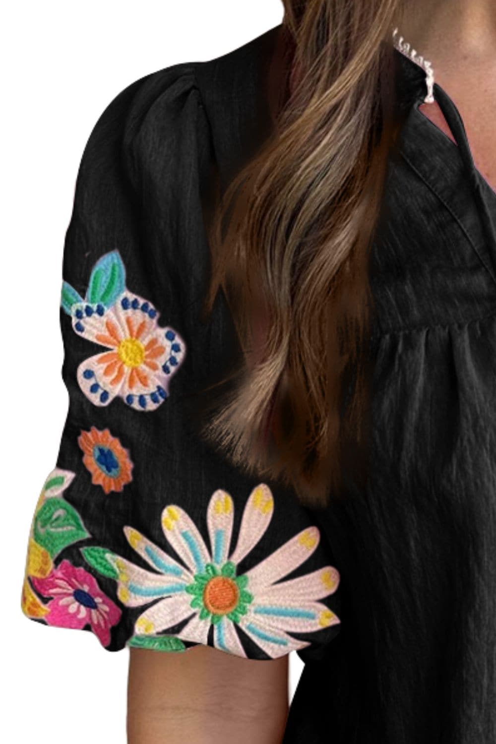 Embroidered Tie Neck Half Sleeve Blouse.