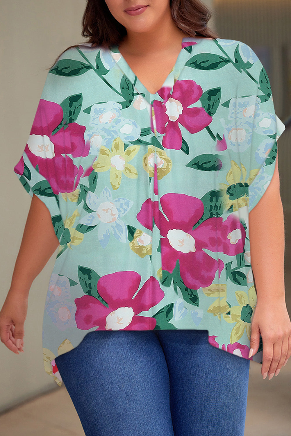 Plus Size Printed Notched Neck Half Sleeve Top Coco’s Tee Boutique